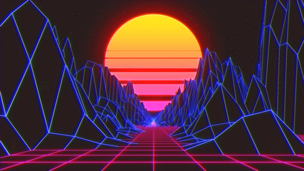 retro radial sun rising abstract with a background neon 3d prescriptive bridge or grid render - illu