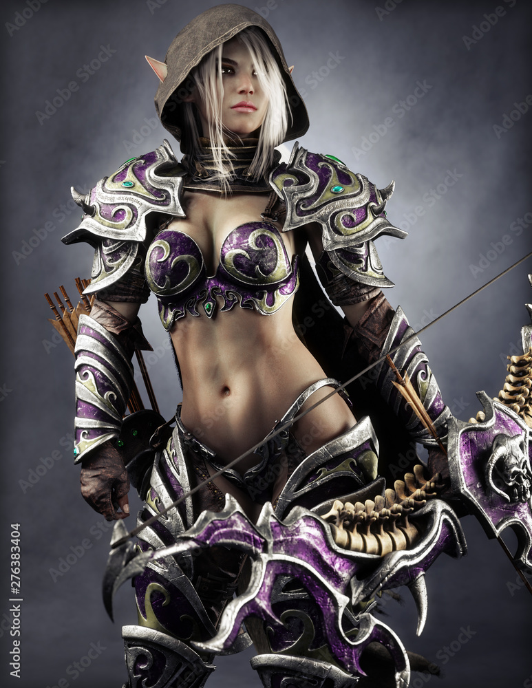 Portrait of a fantasy heavily armored hooded dark elf female archer warrior with white long hair and equipped with a bow . 3d rendering . Fantasy illustration - obrazy, fototapety, plakaty 