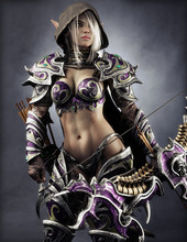Portrait Of A Fantasy Heavily Armored Hooded Dark Elf Female Archer Warrior With White Long Hair And Equipped With A Bow . 3d Rendering . Fantasy Illustration