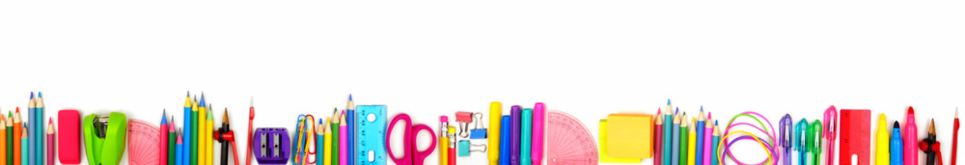 school supplies long bottom border. top view isolated on a white background. back to school concept.
