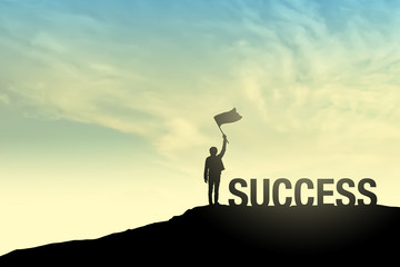 Success Concept, Silhouette of young men and flag are celebrating success on top of hill, sky and sun light background. Business, successful, leadership, achievement, and goal concept.