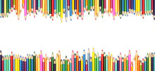Colored Pencil Double Border Banner. Top View Isolated On A White Background With Copy Space.
