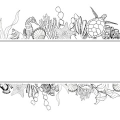 Line art border with coral reef animals. Hand painted seaweeds, shells, seahorse, turtle and starfish isolated on white background. Nautical template. Illustration for design, print or background.