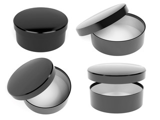 Round box. Open and closed black carton with lid. 3d rendering illustration