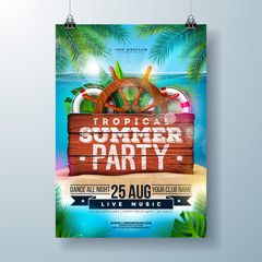 Wall Mural - Vector Summer Beach Party Flyer Design with Tropical Palm Leaves and Shipping Elements on Ocean Landscape Background. Summer Holiday Illustration with Vintage Wood Board, Lifebelt, Steering and Anchor