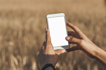 Mock up of the smartphone in the hands of the girl, on the background field.