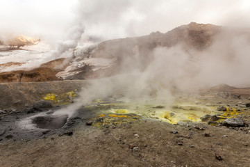 Poster - Steaming, sulfuric, active fumaroles near Volcano Mutnovsky, Kamchatka Peninsula, Russia