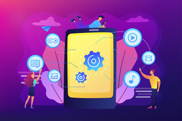 SEO, website, software development. App optimization, programming. Web designers, programmers cartoon characters. Mobile content concept. Bright vibrant violet vector isolated illustration