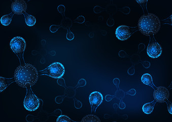 Wall Mural - Futuristic 3d atoms, molecules scientific abstract background on dark blue.