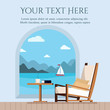 © Irina - Table, cup of tea or coffee book and chair on the balcony or terrace with window with sea landscape and sailboat. View of sea from hotel or restaurant. Flat cartoon style vector backdrop illustration.