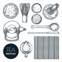 Wall Mural - Matcha green tea ingredient set. Japanese tea ceremony, top view vector hand drawn sketch illustration.