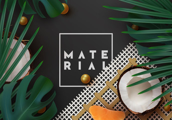 Wall Mural - summer tropical background. various fruits, green leaves, palm branches, realistic coconut open. bor