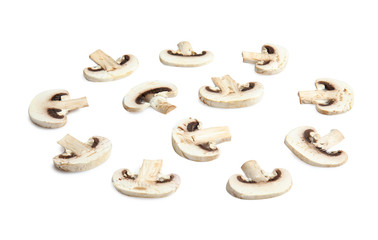 Cut mushrooms as layer for pizza isolated on white