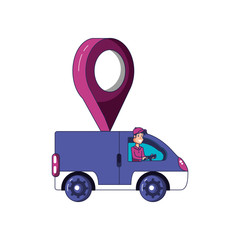 Canvas Print - worker delivery service with van vehicle and pin location