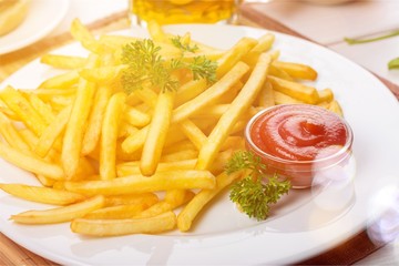 Sticker - Delicious french fries with sauce on white plate