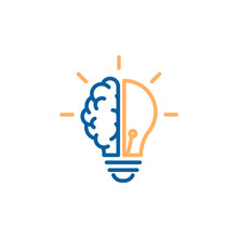 Creative Icon Of A Half Brain Half Lightbulb Representing Ideas, Creativity, Knowledge, Technology And The Human Mind. Solving Problems Concept Thin Line Illustration