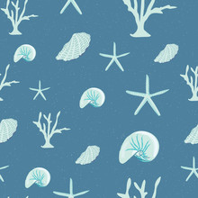 Coral, Shells, Starfish Seamless Pattern With Detailed Hand Drawn Elements On A Sparkly Teal Background. Pretty And Sophisticated, Great For Textiles, Fashion, Home Decor And Paper Items. Vector.