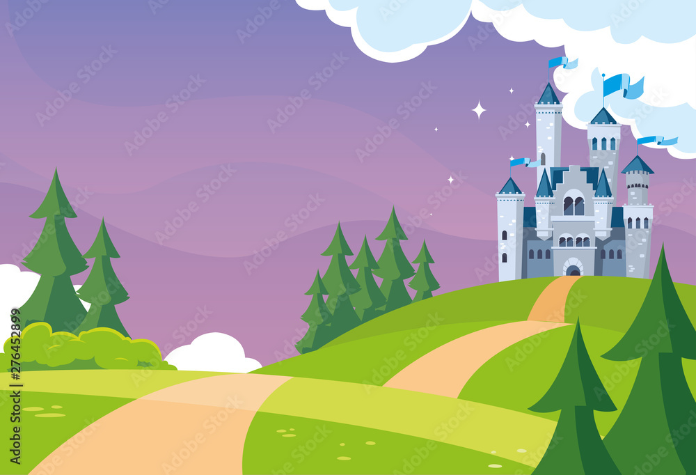 castle building fairytale in mountainous landscape - obrazy, fototapety, plakaty 