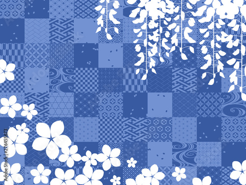 和柄 藤と桜の和風背景素材 青 Stock Illustration Adobe Stock
