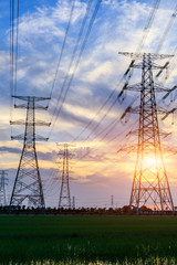 High voltage post,High voltage tower sky sunset background