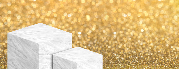 Aufkleber - Product display stand made from white glossy marble in two step on gold bokeh sparkle background have copy space for display of content or design,Banner for advertise product on website,3d renderig.