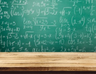 Wall Mural - Molecule models and formulas on blackboard background