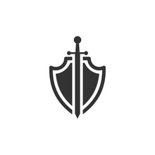 Shield Icon Template Black Color Editable. Sword Conception With Shield Symbol Vector Sign Isolated On White Background. Simple Logo Vector Illustration For Graphic And Web Design.