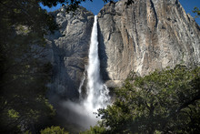 Beautiful Spring Full-flowing Waterfall In Yosemite National Park, California, USA