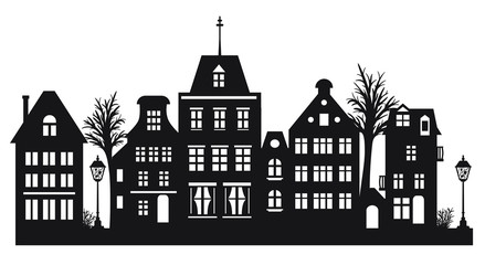 Laser cut Amsterdam style houses. Silhouette of row typical dutch canal houses at Netherlands. Stylized facade of old buildings. Wood carving, paper cut vector template. Background for banner, card.