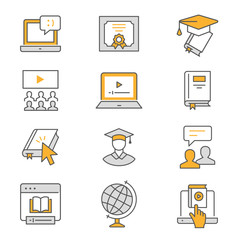 Wall Mural - E-learning distance education flat line icons. Editable Strokes.