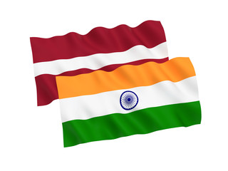 National fabric flags of India and Latvia isolated on white background. 3d rendering illustration. 1 to 2 proportion.