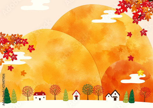 水彩秋の山と街並風景背景イラストstock Illustration Adobe Stock