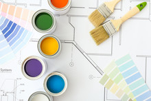Cans Of Paint With Brushes, Palette Samples And House Plan