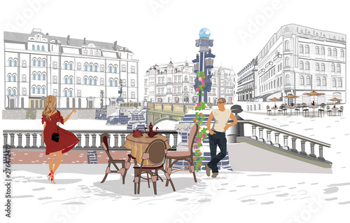 Series of colorful street views with fashion people in the old city near the ...