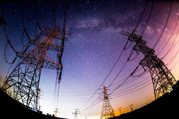 The outline of the power supply facilities and stars at night