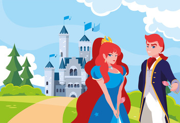 Sticker - princess and prince with castle fairytale in landscape