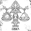 Beautiful line art filigree zodiac symbol. Black sign on vintage background.Elegant jewelry tattoo.Engraved horoscope symbol.Doodle mystic drawing with calligraphy lettering.Libra