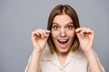 Canvas Print - Close up photo amazing beautiful attractive she her lady take off eyewear eyeglasses open mouth overjoyed impressed facial expression stupor wear specs casual white shirt isolated grey background