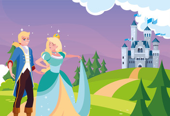 Sticker - princess and prince with castle fairytale in landscape