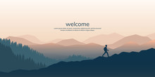 The Traveler Goes To The Mountains With A Backpack. Vector Illustration