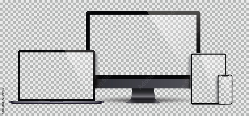 Realistic set of Monitor, laptop, tablet, smartphone dark grey color - Stock Vector. - obrazy, fototapety, plakaty 