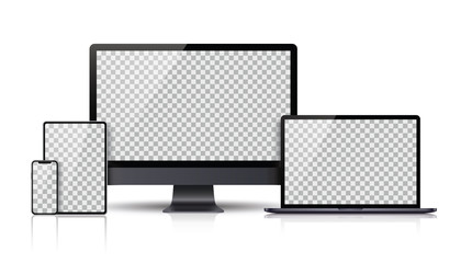 Wall Mural - realistic set of monitor, laptop, tablet, smartphone dark grey color - stock vector.