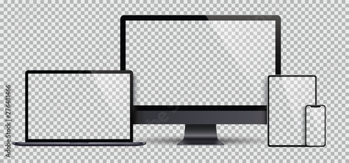 Fotografía Realistic set of Monitor, laptop, tablet, smartphone dark grey color - Stock Vector