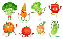 Cartoon Vegetables Fitness. Vegetable Characters Workout, Healthy Yoga Exercises Food And Sport Vegetables. Yoga Poses, Kawaii Sport Vegetable. Isolated Vector Illustration Icons Set