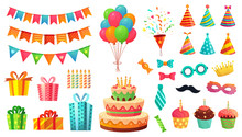Cartoon Birthday Party Decorations. Gifts Presents, Sweet Cupcakes And Celebration Cake. Colorful Balloons, Carnival Celebration Food And Candy. Isolated Vector Illustration Icons Set