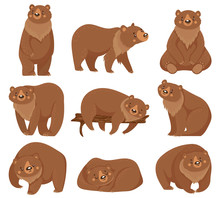 Cartoon Brown Bear. Grizzly Bears, Wild Nature Forest Predator Animals And Sitting Bear. Fur Brown Predator, Wildlife Bears Mammal. Isolated Vector Illustration Icons Set