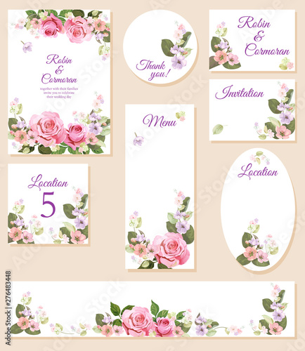 Set wedding invitation cards, layout menu, rsvp, label, save the date mock up...