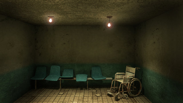 horror and creepy seat waiting and wheelchair in front of the examination room in the hospital.3d re