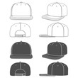 Set of black and white illustration of a snapback, rapper cap with a flat visor. Isolated objects on white background.