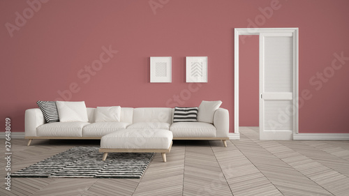 Modern Living Room With White Sofa And Carpet Red Wall